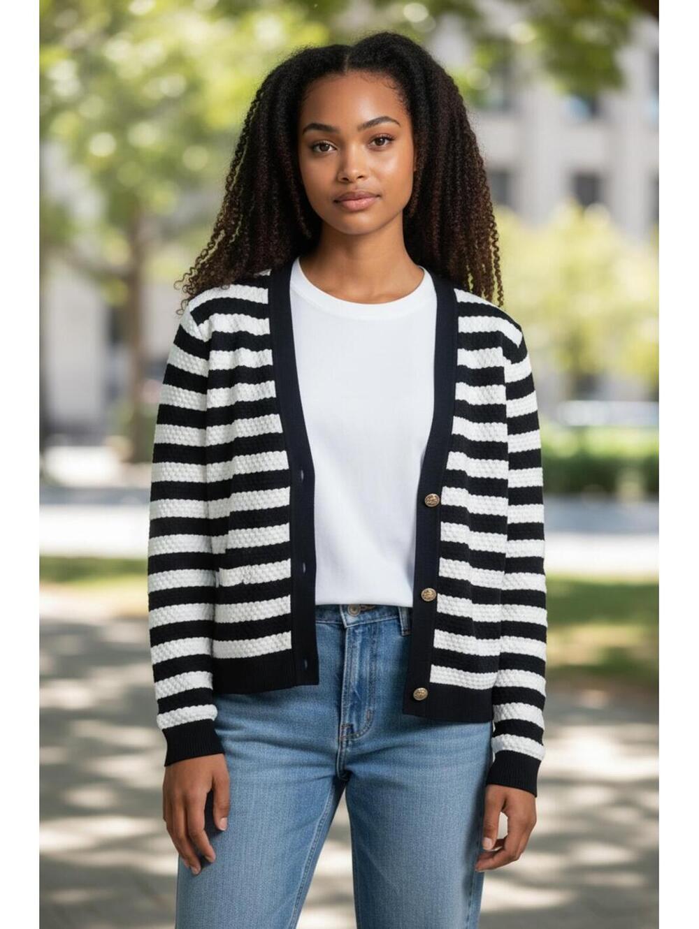 Vila Milano Black and White Striped Button Front Cardigan Sweater Size L